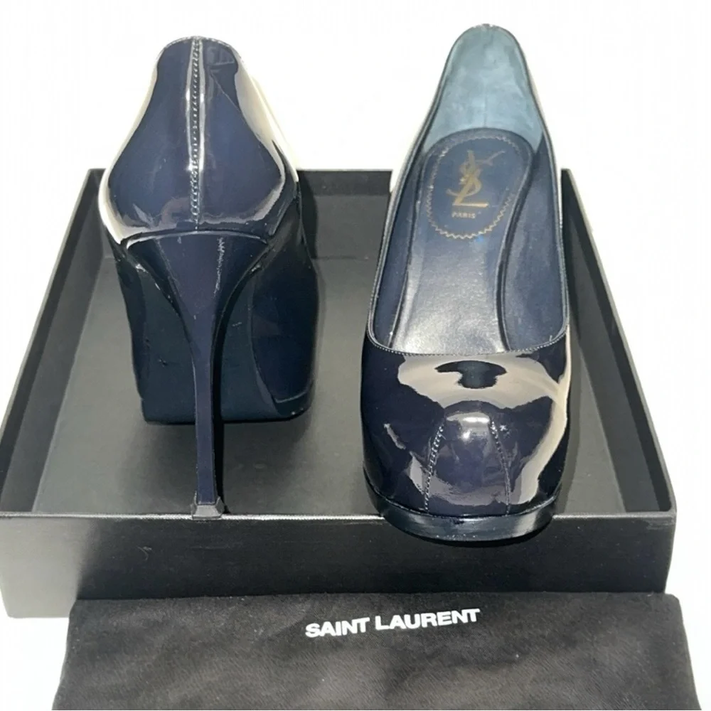 SAINT LAURENT Tribtoo 80 Patent Navy Blue Leather Heel Round Toe Pumps Size 40 - Picture 8 of 16